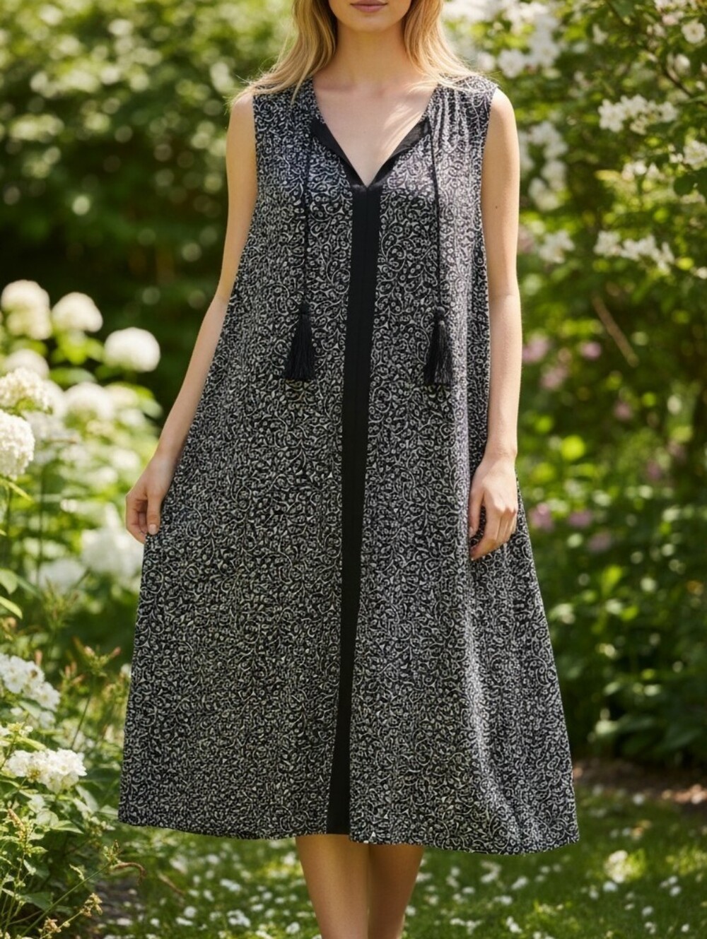 Michael Kors Black & White Printed Midi Dress